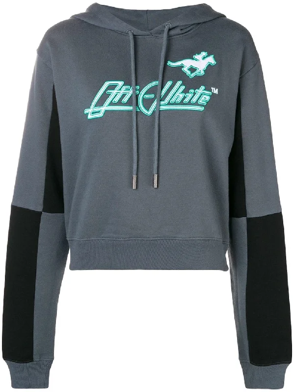 embroidered logo cropped hoodie Hoodie with Hem Patch Decorative Personalized