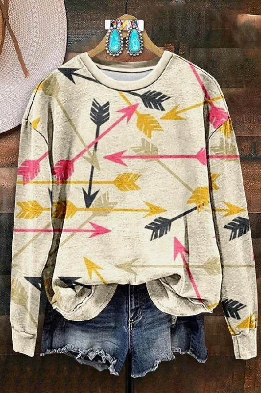 Vintage Western Arrow Print Sweatshirt Hoodie with Puffed Sleeves Voluminous Trendy