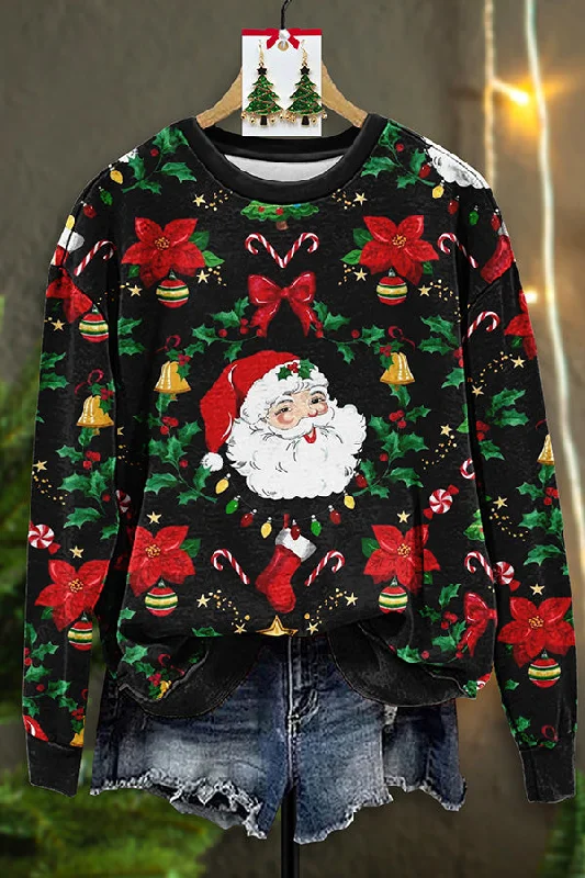 Vintage Santa Claus Flower Print Sweatshirt Hoodie with Patch Decorative Personalized