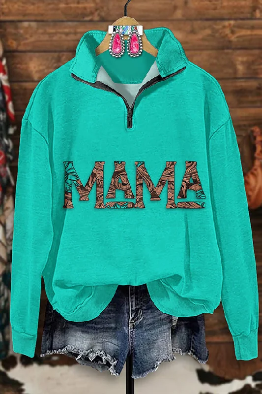 Retro Western MAMA Print Zip-Up Sweatshirt Hoodie with Print Artistic Unique