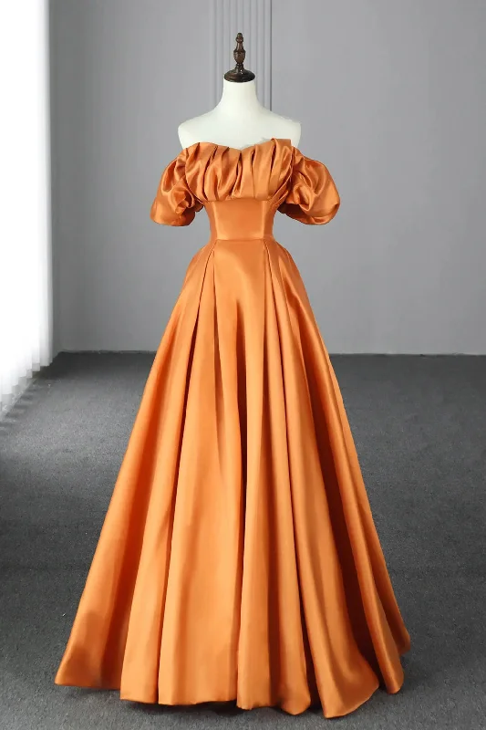 Orange Satin A-Line Floor Length Prom Dress, Off the Shoulder Evening Party Dress Tunics Chic elegant Orange Satin A-Line Floor Length Prom Dress, Off the Shoulder Evening Party Dress Tunics Chic elegant