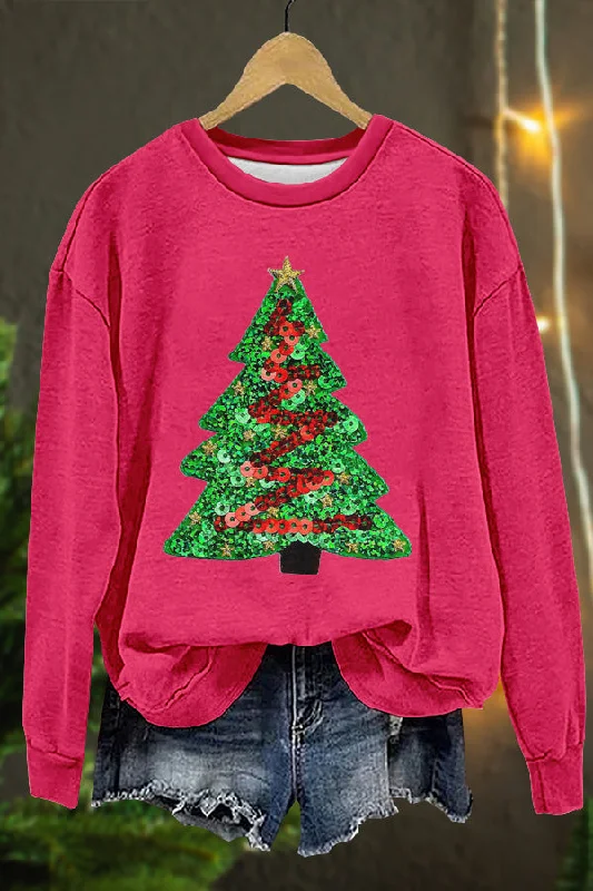 Shiny Christmas Tree Print Sweatshirt Hoodie with Side Slits Relaxed Casual