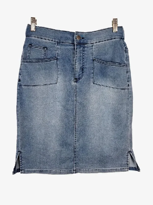 Betty Basics Light Sky Stretch Denim Midi Skirt Size 12 belted skirt waist