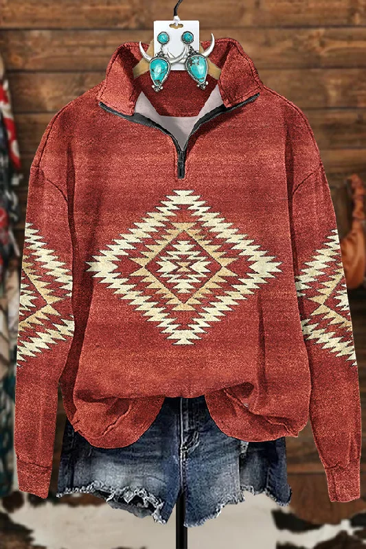 Retro Contrast Aztec Zipper Sweatshirt Hoodie Dress Longline Feminine
