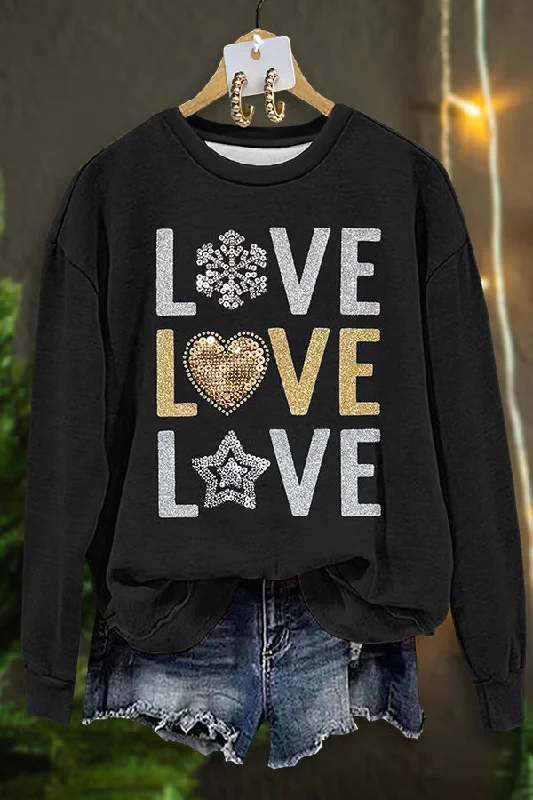 Classic Love Print Long Sleeve Sweatshirt Cotton Hoodie Fleece Lining Warmth