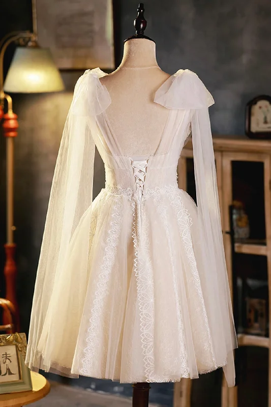 Champagne V-Neck Lace Short Prom Dress, Lovely A-Line Evening Party Dress High-Low Hemline Casual Champagne V-Neck Lace Short Prom Dress, Lovely A-Line Evening Party Dress High-Low Hemline Casual