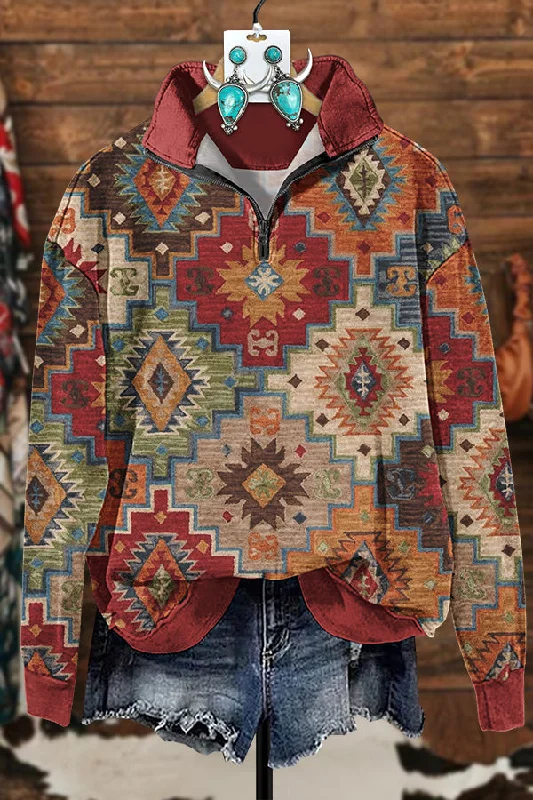 Earthy Vintage Aztec Print Zipper Sweatshirt Hoodie with Hem Lace Feminine Delicate