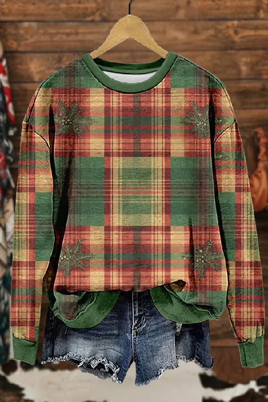 Retro Christmas Plaid Print Sweatshirt Hoodie with Fur Luxurious Winter
