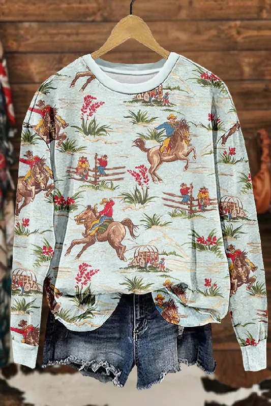 Western Cowboy Horse Racing Print Sweatshirt Hoodie with Turtle Neck Cozy Winter