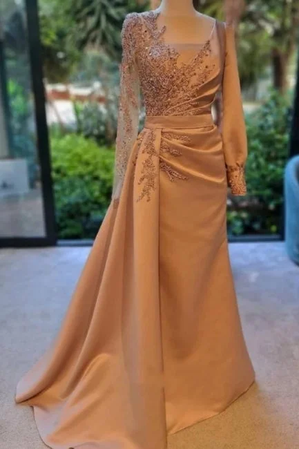 Elegant Long Sleeves Prom Dress Floral Evening Party Dress with Side Sweep Train Square Neckline Feminine Elegant Long Sleeves Prom Dress Floral Evening Party Dress with Side Sweep Train Square Neckline Feminine