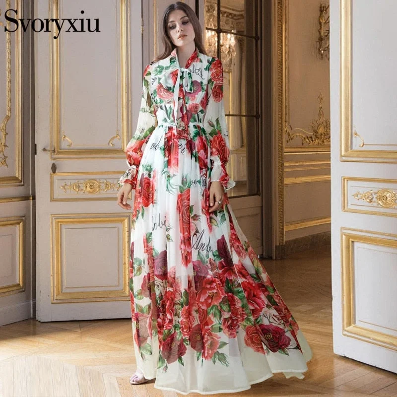 WILUXE Dress Women's Elegant Beach Vacation Flower Printing Long Dress Bow Collar Floor-Length Party Dresses Tunics Timeless classic WILUXE Dress Women's Elegant Beach Vacation Flower Printing Long Dress Bow Collar Floor-Length Party Dresses Tunics Timeless classic