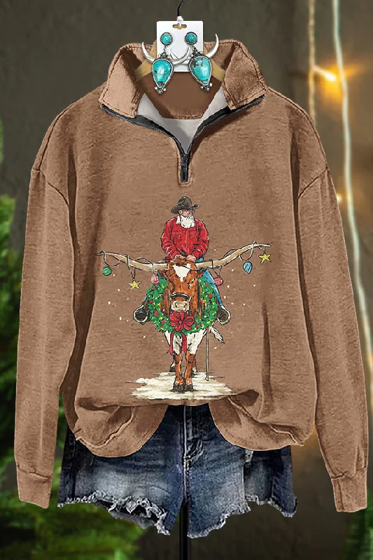 Cowboy Longhorn Christmas Zipper Sweatshirt Hoodie with Relaxed Fit Easy Casual