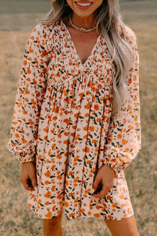Blue Zone Planet |  Beige Floral Deep V Neck Smocked Bust Bubble Sleeve Babydoll Dress Tunics Practical durable