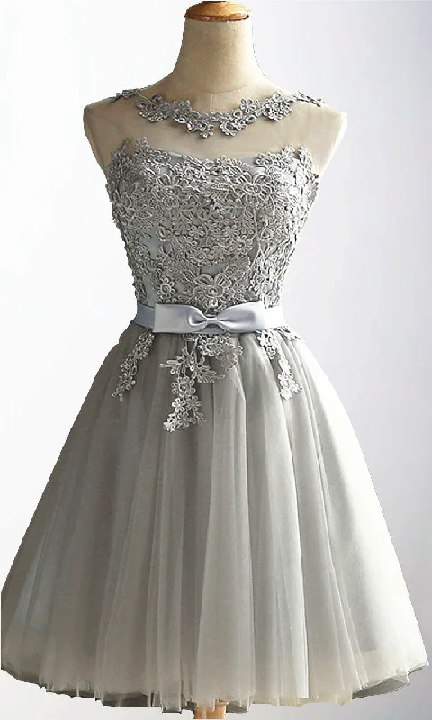 Applique Lace Short Grey Bowknot 8th Grade Prom Dresses with Lace Up Back P488 Pencil Office Professional Applique Lace Short Grey Bowknot 8th Grade Prom Dresses with Lace Up Back P488 Pencil Office Professional