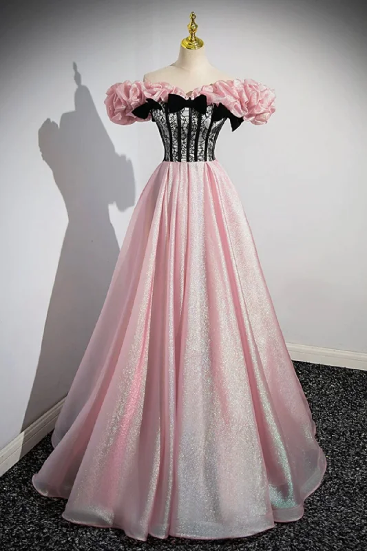 Shiny Tulle Long A-Line Pink Corset Prom Dress, Off the Shoulder Evening Party Dress Tunics Luxurious high-end Shiny Tulle Long A-Line Pink Corset Prom Dress, Off the Shoulder Evening Party Dress Tunics Luxurious high-end