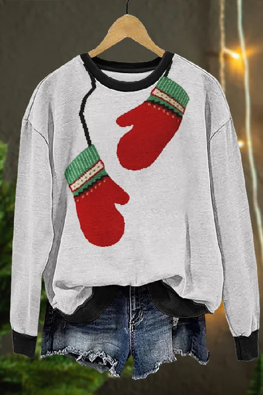 Cute Christmas Gloves Print Sweatshirt Hoodie with Half-Zip Sporty Casual