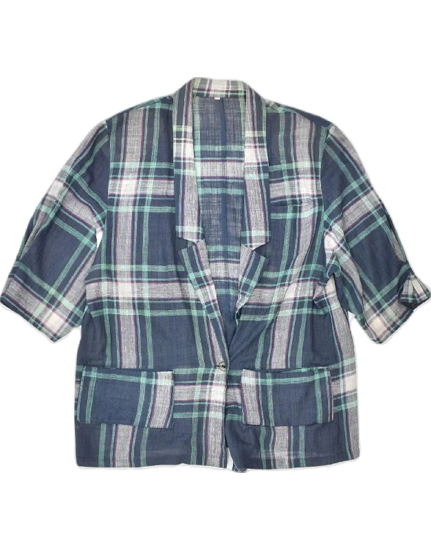 VINTAGE Womens Short Sleeve 1 Button Blazer Jacket EU 42 Large Blue Check V-Neck Jacket Boat Neck Jacket Square Neck Jacket VINTAGE Womens Short Sleeve 1 Button Blazer Jacket EU 42 Large Blue Check V-Neck Jacket Boat Neck Jacket Square Neck Jacket