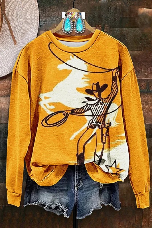 Retro Western Cowboy Print Sweatshirt Hoodie with Hem Detail Decorative Unique