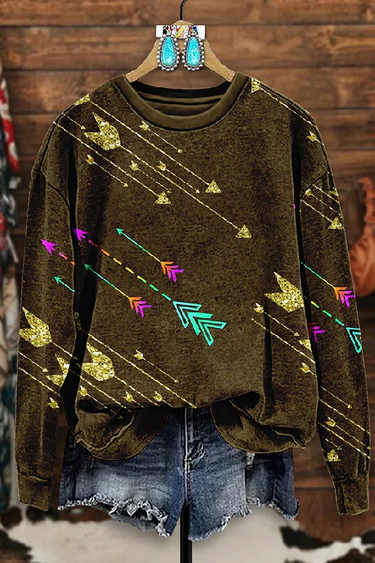Vintage Western Arrow Print Sweatshirt Hoodie with Embroidery Detailed Premium