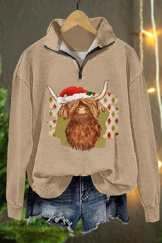 Western Christmas Cow Print Sweatshirt Hoodie with Rhinestones Sparkly Elegant