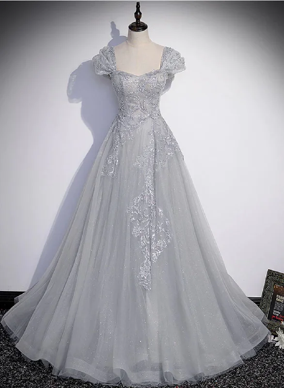 Grey A-line Tulle Short Sleeves Long Formal Dress, Grey Tulle Lace Party Dress Prom Dress Tunics Chinos classic Grey A-line Tulle Short Sleeves Long Formal Dress, Grey Tulle Lace Party Dress Prom Dress Tunics Chinos classic