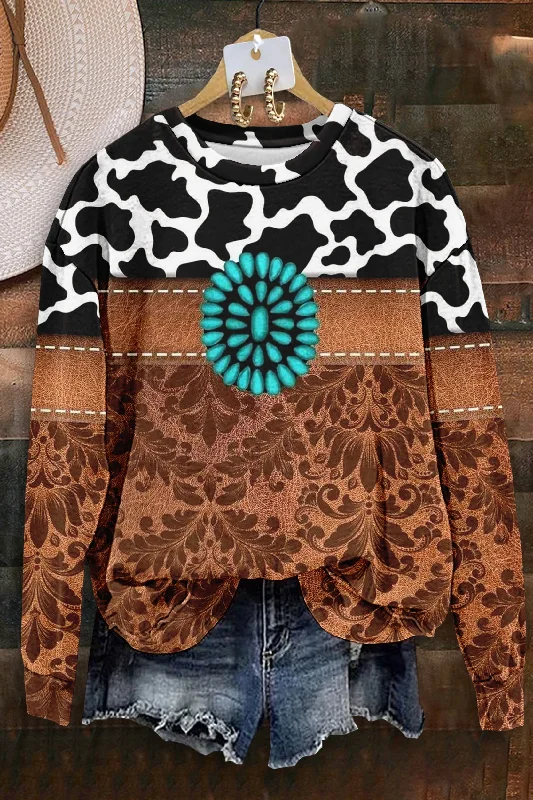Retro Western Print Long Sleeve Sweatshirt Hoodie with Hem Applique Textured Unique