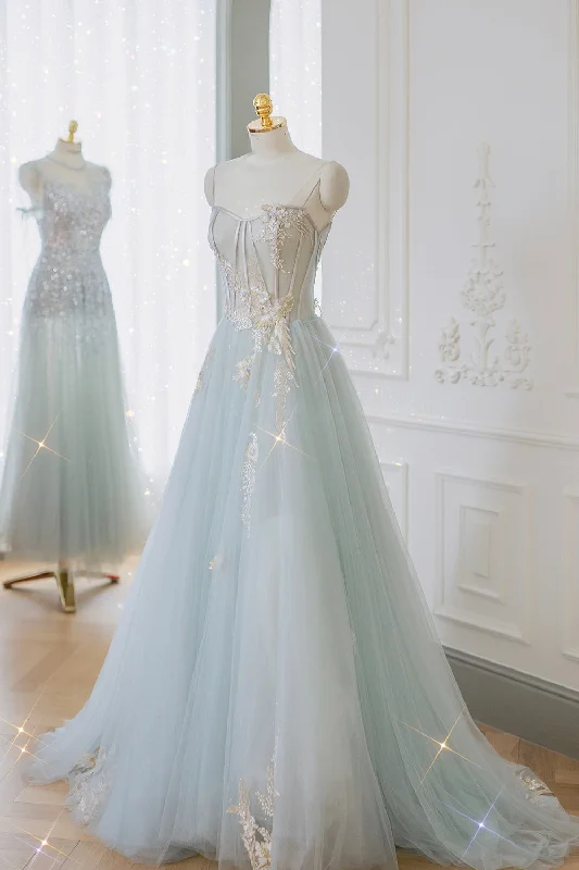 Blue Strapless Lace Formal Prom Dress, A-Line Tulle Evening Party Dress Tunics Satin smooth