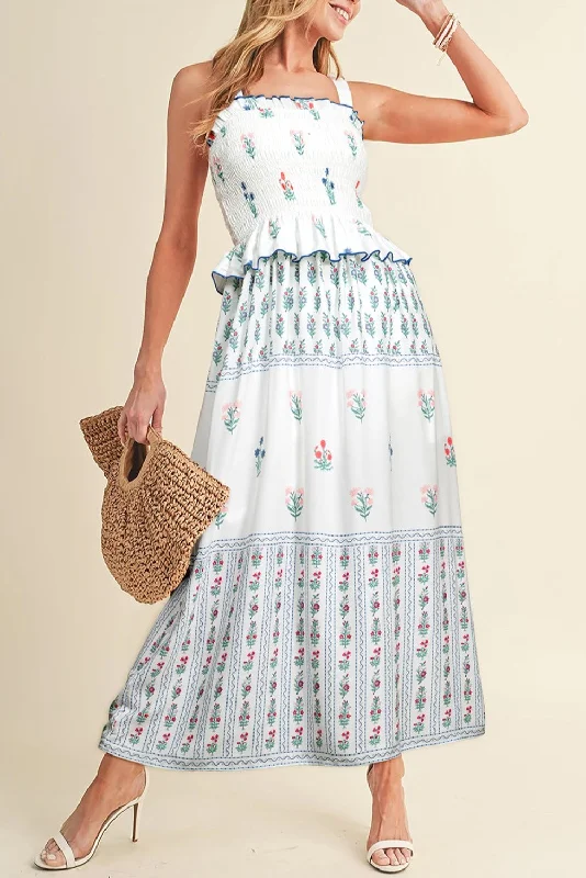 Blue Zone Planet | White Floral Print Frill Smocked Bodice Boho Dress empire Waist empire Blue Zone Planet | White Floral Print Frill Smocked Bodice Boho Dress empire Waist empire