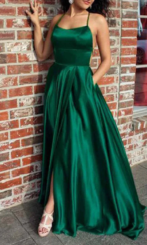 Green Strappy Long Pocket Prom Dresses Slit with String Back P496 Tunics Sophisticated sleek