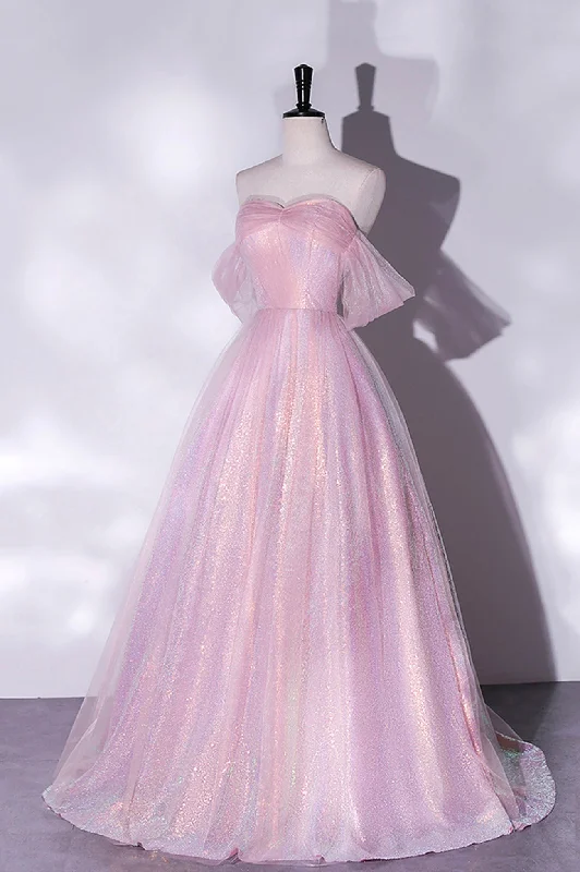 Pink Sequins Long A-Line Prom Dress, Off the Shoulder Evening Party Dress Tunics Hiking breathable