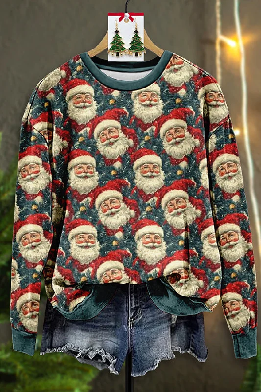 Vintage Santa Claus Print Sweatshirt Hoodie with Mock Neck Collared Structured