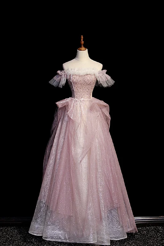 Pink Sequins Long A-Line Prom Dress, Off the Shoulder Evening Party Dress Tunics Leisure comfortable