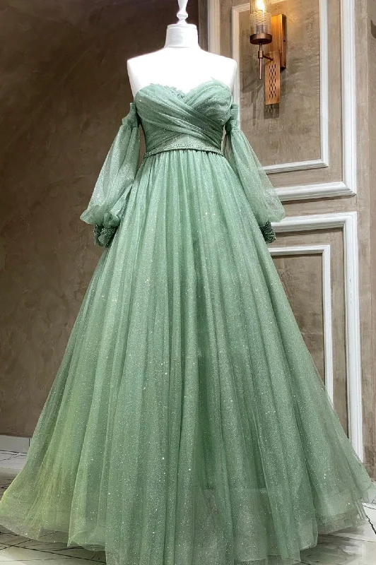Green Strapless Tulle Long Sleeve Prom Dress, Green A-Line Evening Party Dress Tunics Yoga stretchy