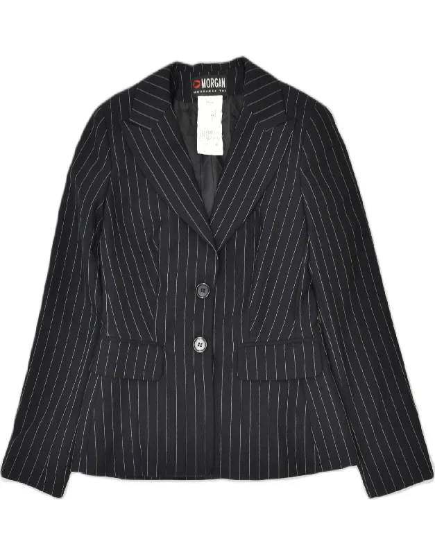 MORGAN Womens 2 Button Blazer Jacket UK 12 Medium Black Striped Acetate Faux Fur Jacket Real Fur Jacket Shearling Jacket