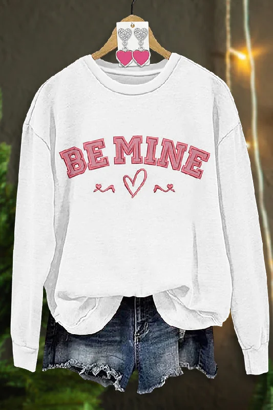 Casual Valentine's Day Be Mine Print Sweatshirt Hoodie with Hem Elastic Stretchable Comfortable