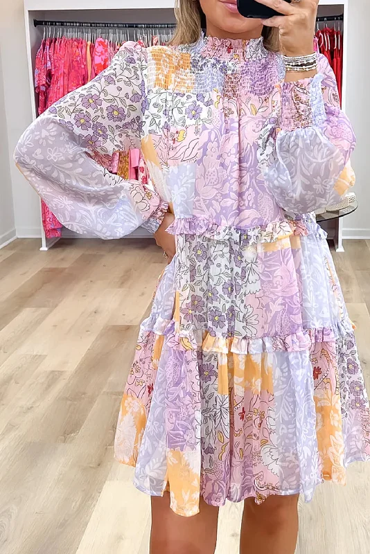 Blue Zone Planet | Multicolour Floral Smocked Mock Neck Ruffled Tiered Bubble Sleeve Dress Tunics Custom made Blue Zone Planet | Multicolour Floral Smocked Mock Neck Ruffled Tiered Bubble Sleeve Dress Tunics Custom made