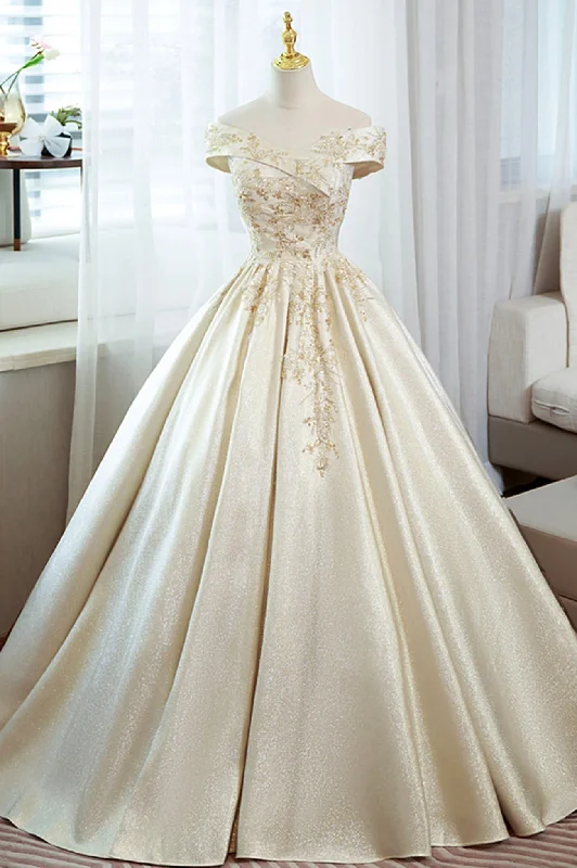 Champagne Satin Long Prom Dress with Beaded, V-Neck Evening Party Dress Tunics Gym athletic
