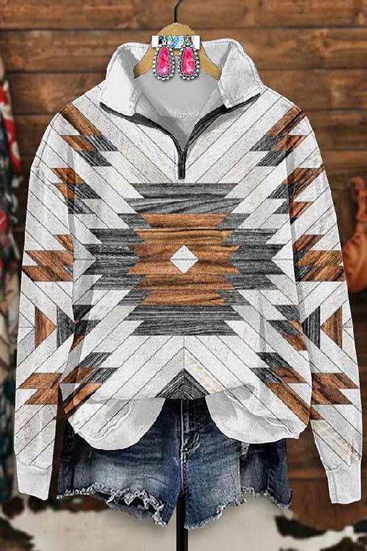 Retro Western Aztec Print Zip-Up Sweatshirt Hoodie with Contrast Stitching Detailed Premium