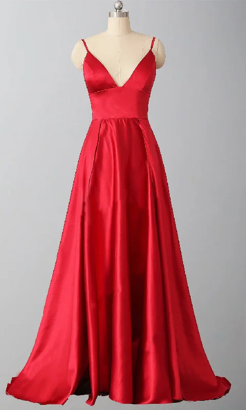 Red Satin Long Prom Dresses With Spaghetti Straps and V-neck P542 Tunics Stylish elegant Red Satin Long Prom Dresses With Spaghetti Straps and V-neck P542 Tunics Stylish elegant
