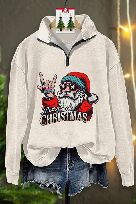 Vintage Santa Palooza Print Zip-Up Sweatshirt Hoodie with Ribbed Cuffs Snug Fit Comfort
