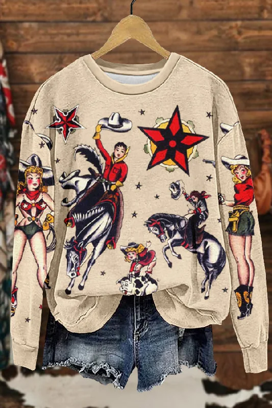 Cozy Cowgirls Rodeo Print Sweatshirt Hoodie with Tied Waist Feminine Flattering