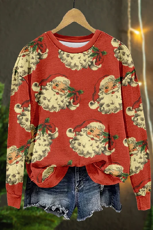 Retro Christmas Santa Claus Print Sweatshirt Hoodie with Oversized Fit Loose Comfortable