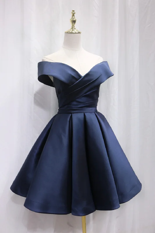 Simple Satin Short Prom Dress, Off Shoulder Blue Party Dress Glittery Long Formal
