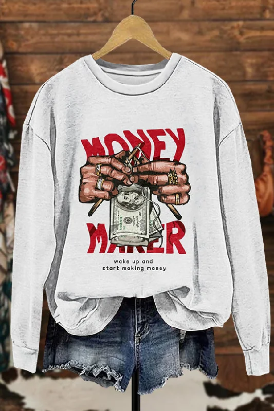 Money Maker Printed Sweatshirt Hoodie with Bell Sleeves Flared Feminine