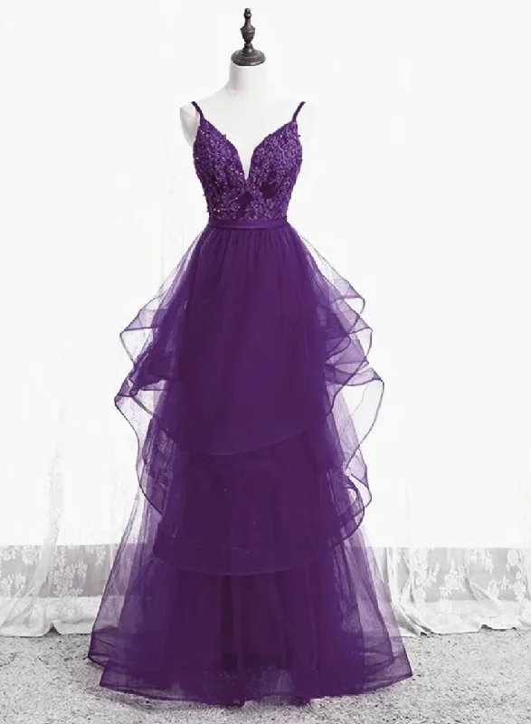 Purple Tulle Layers with Lace Long Evening Dresses, Purple Prom Dress Party Dresses Sequined Elegant Party Purple Tulle Layers with Lace Long Evening Dresses, Purple Prom Dress Party Dresses Sequined Elegant Party