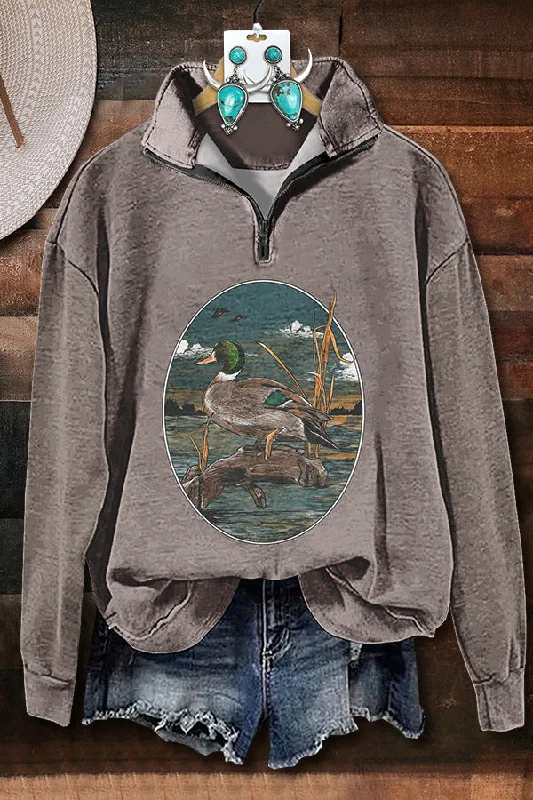 Retro Wild Duck Zipper Sweatshirt Hoodie with Drawcord Adjustable Secure
