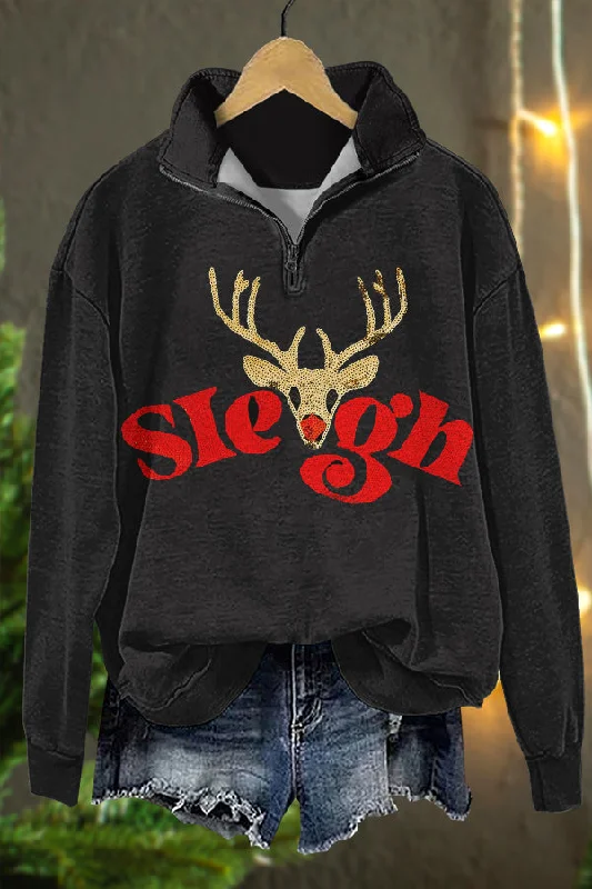 Cute Christmas Elk Print Sweatshirt Hoodie with Puffed Sleeves Voluminous Trendy