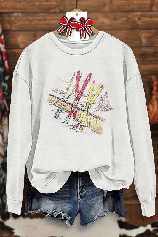 Ski Mountain Print Sweatshirt Hoodie with Longline Fit Extended Stylish