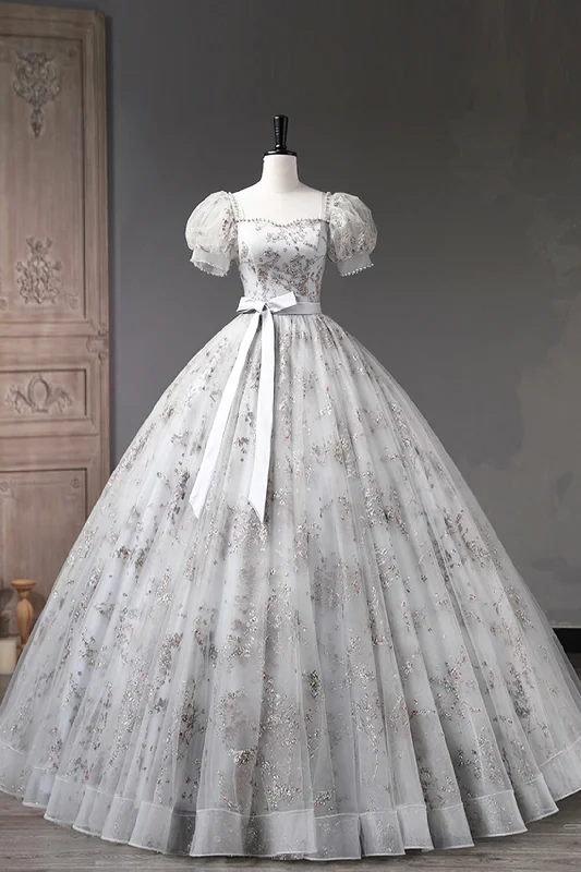 Gray Tulle Sequins Long Prom Dress, A-Line Evening Party Dress Tunics Floral girly