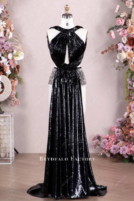 Alluring Black Shiny Silk Velvet Tassel Party Dress Tunics Handmade artisanal